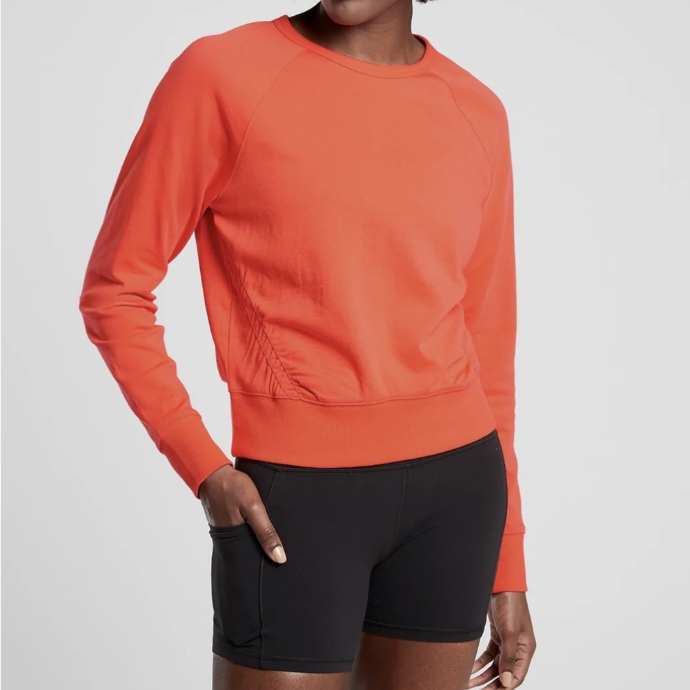 Athleta Sundown Puckered Sweatshirt Top Size Medium Orange Crewneck Racing Red